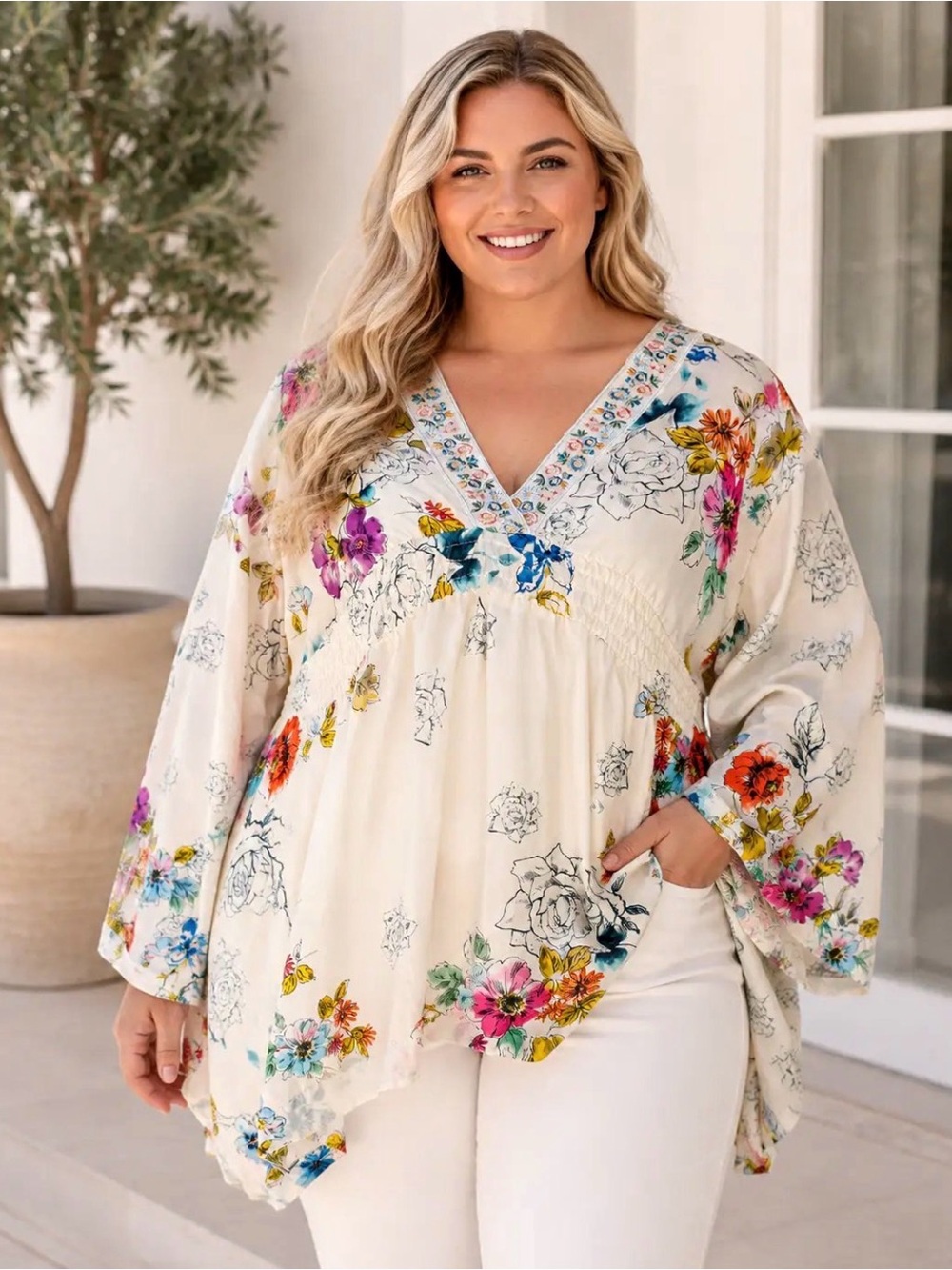 Johnny Was 100% Silk Floral Tunic Kimono Sleeve Smocked Waist Size XL (NEW)